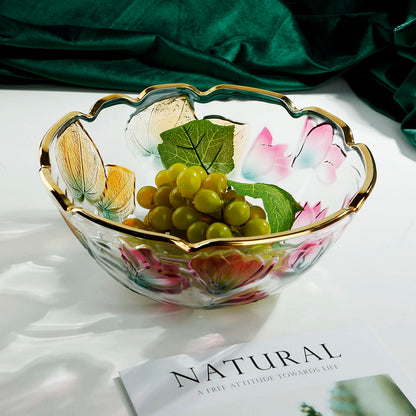 Creatively Painted Glass Fruit Bowl With Gold Accents