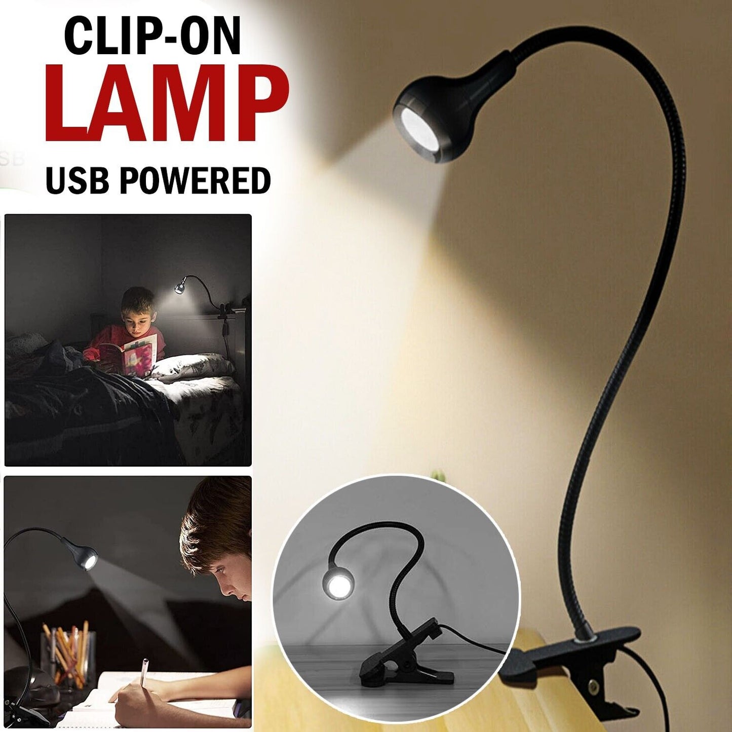 USB Flexible Reading LED Bright Light Book Lamp Clip-on Beside Bed Desk Table
