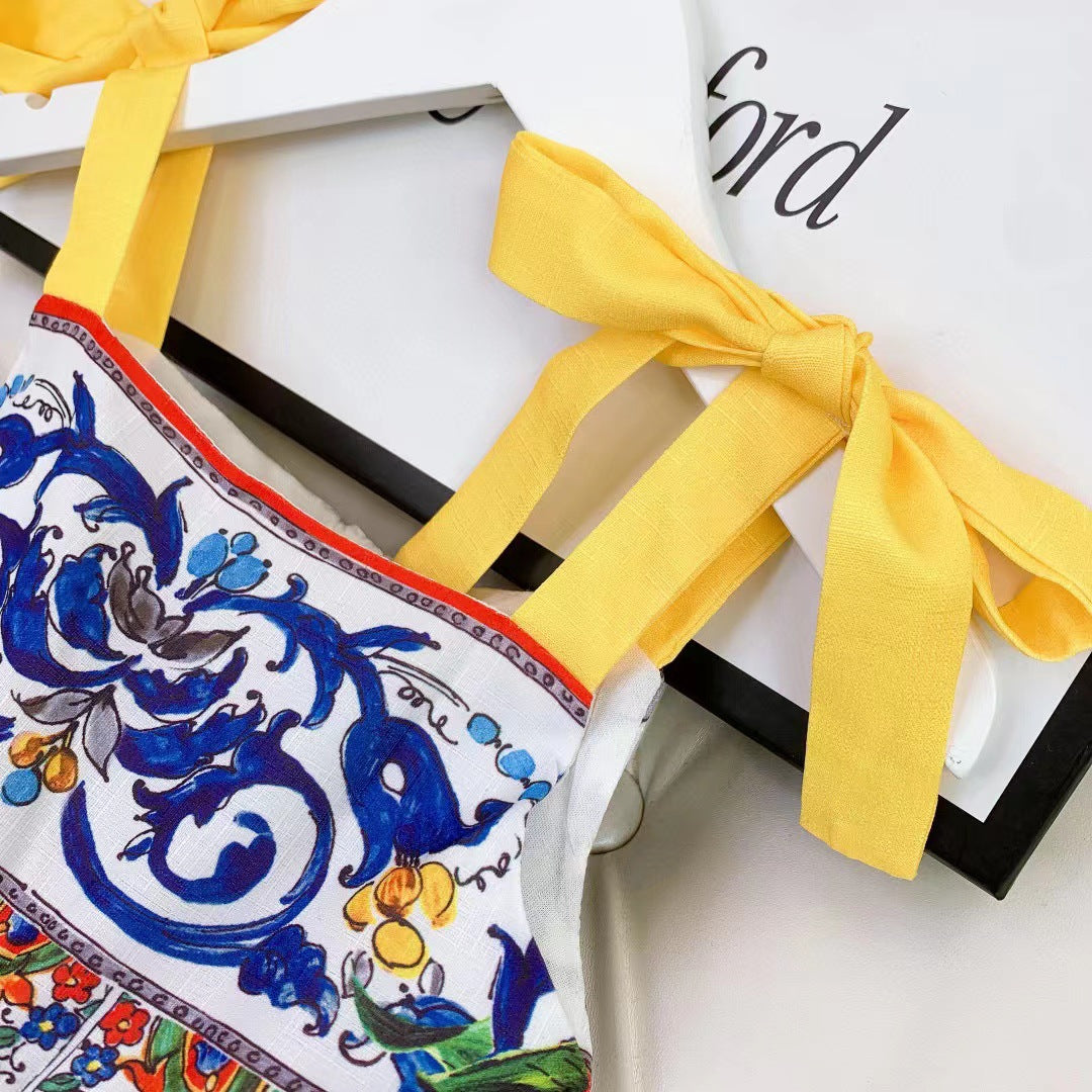 New Cute Pastoral Girls Court Print Suspender Skirt