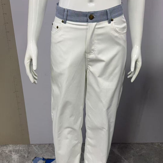 Contrast Color Letter Ribbon Decorative Straight Stitching Jeans