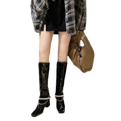 New Patent Leather Boots Women's Pearl Chain Square Toe