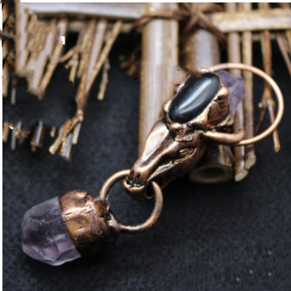 Personality Exaggerated Bull Head Jewelry Crystal Column Amethyst Necklace Pendant