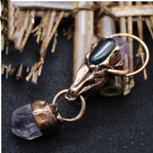 Personality Exaggerated Bull Head Jewelry Crystal Column Amethyst Necklace Pendant