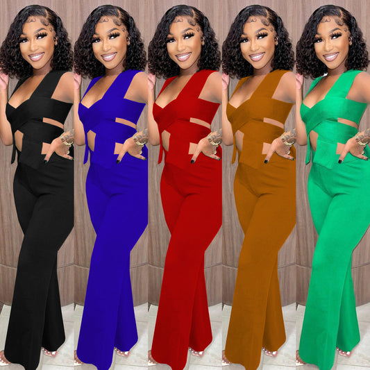 Irregular Shawl Sleeveless Wrap Knot Fashion 2 Piece Set