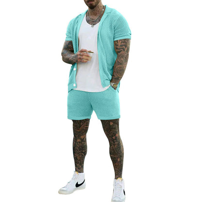 Men's Summer Cool Hole Cloth Lapel Short Sleeve Shorts Suit