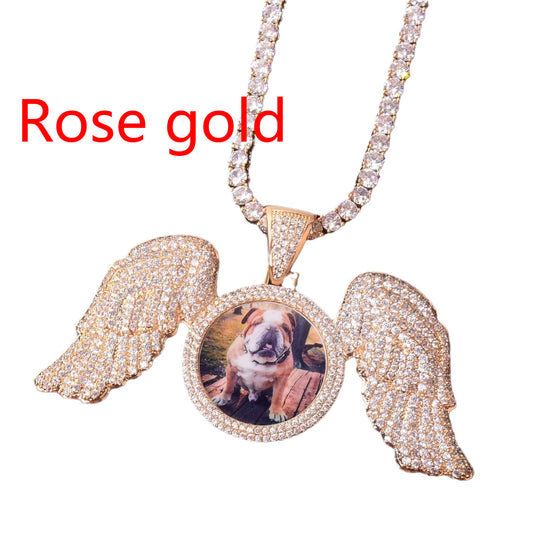 Large Winged Round Photo Copper Hip Hop Photo Frame Pendant Necklace