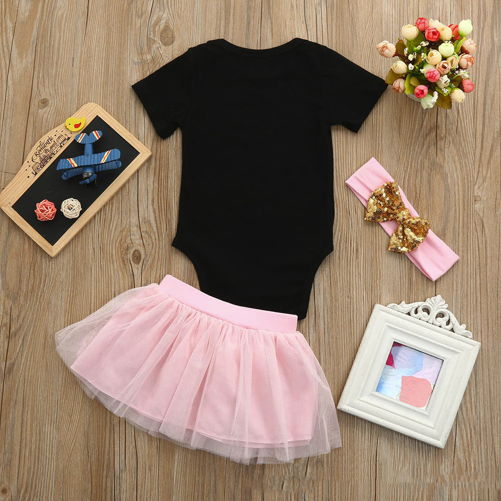 Girls' Fashion Casual Short-sleeved Printed Romper Bow Mesh Skirt Suit