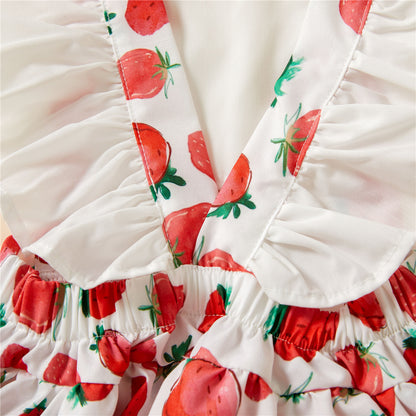 Spring And Summer New Watermelon Strawberry Printing Flounced Sleeve Sling Romper Headband Set