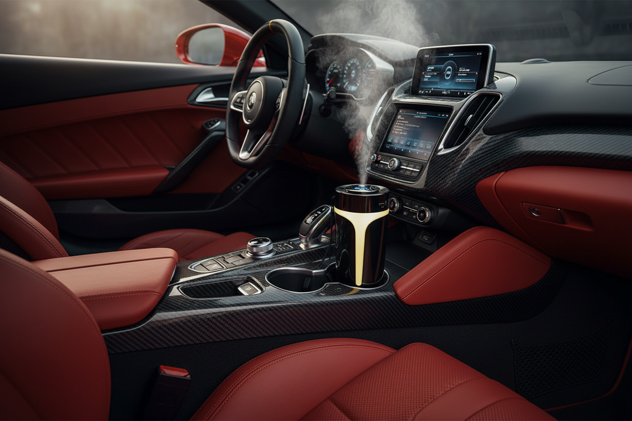 Air Purifier Humidifier Installed in Red Sports Car Cup Holder