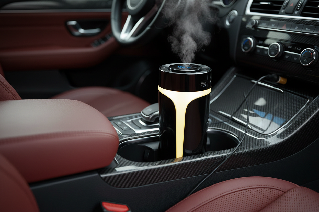 Air Purifier Plugged into Cigarette Lighter in Red Sports Car