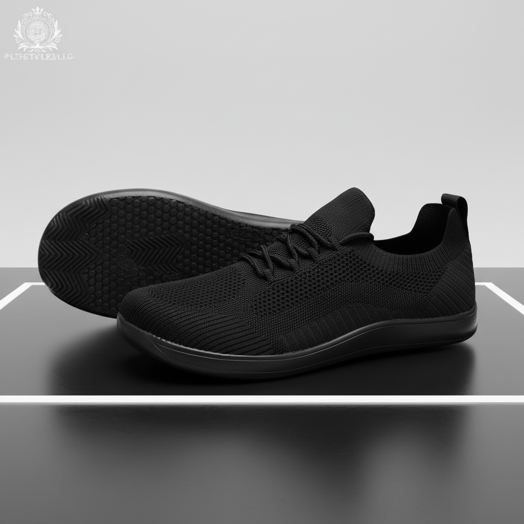 All-black wide-toe shoes on a reflective studio platform