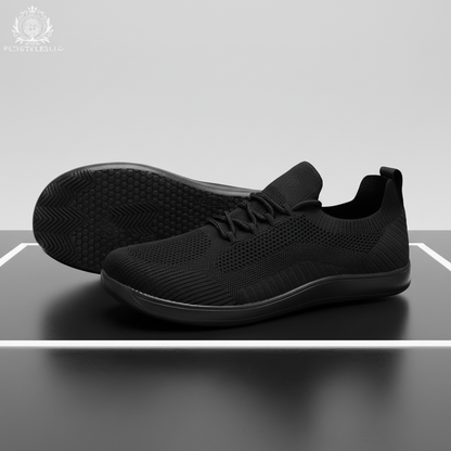 All-black wide-toe shoes on a reflective studio platform