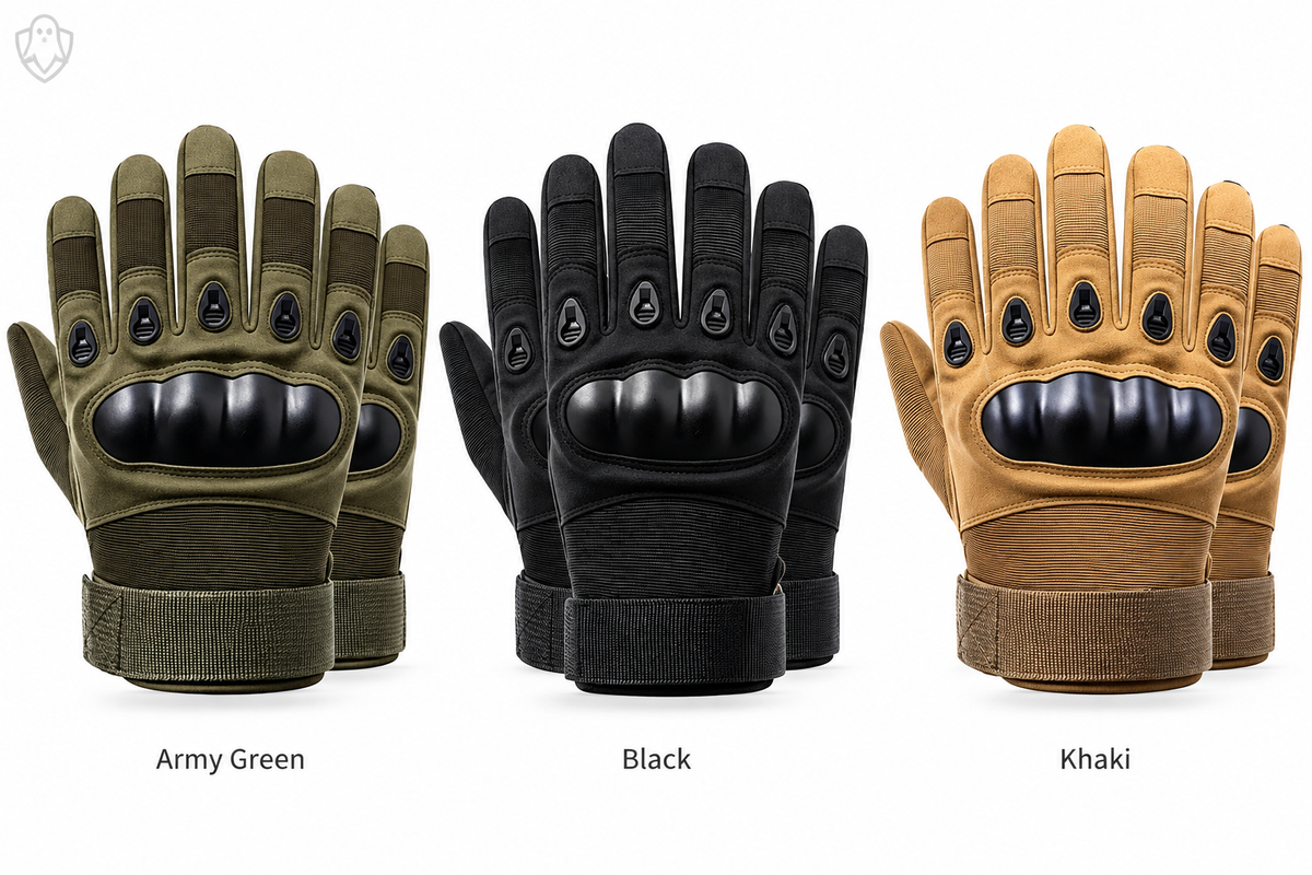 All three glove colors side by side with labels
