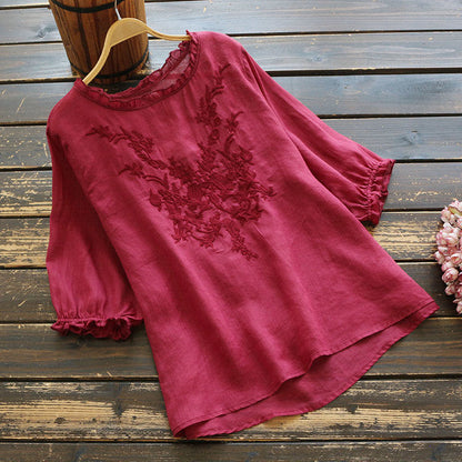 Fashion Cotton Plus Size Loose Embroidered T-shirt