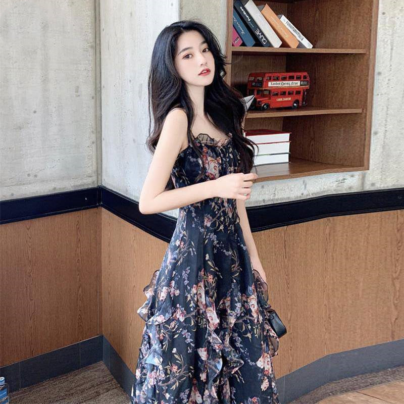 Printed A-line Skirt Summer New Product Temperament Was Thin Suspender Skirt