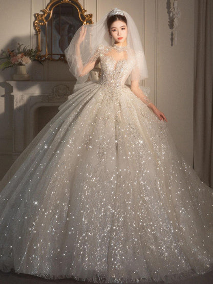 Long Sleeved Retro Bride Luxurious French Wedding Dress For Women