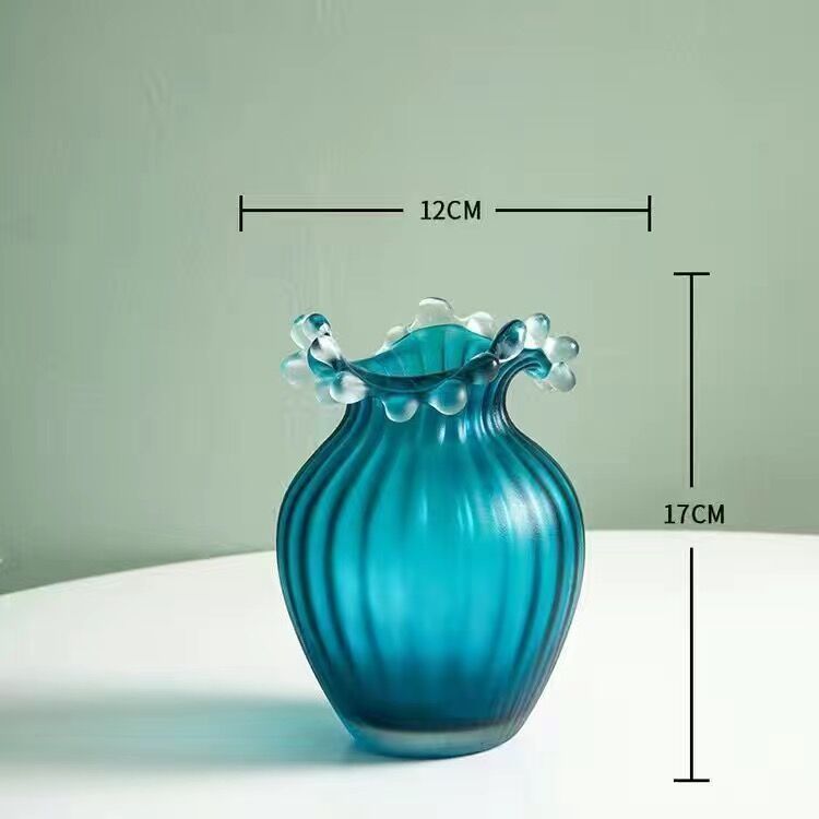Wavy Frosted Blue Striped Glass Vase