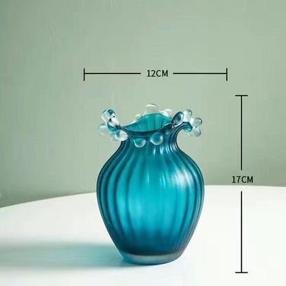 Wavy Frosted Blue Striped Glass Vase