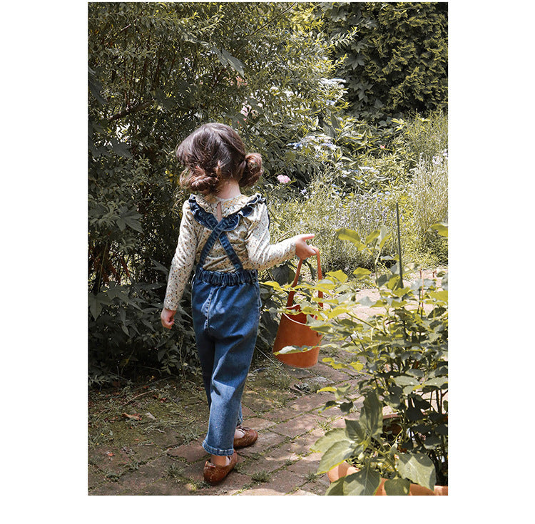 Children Girl Lotus Shoulder Denim Jumpsuit