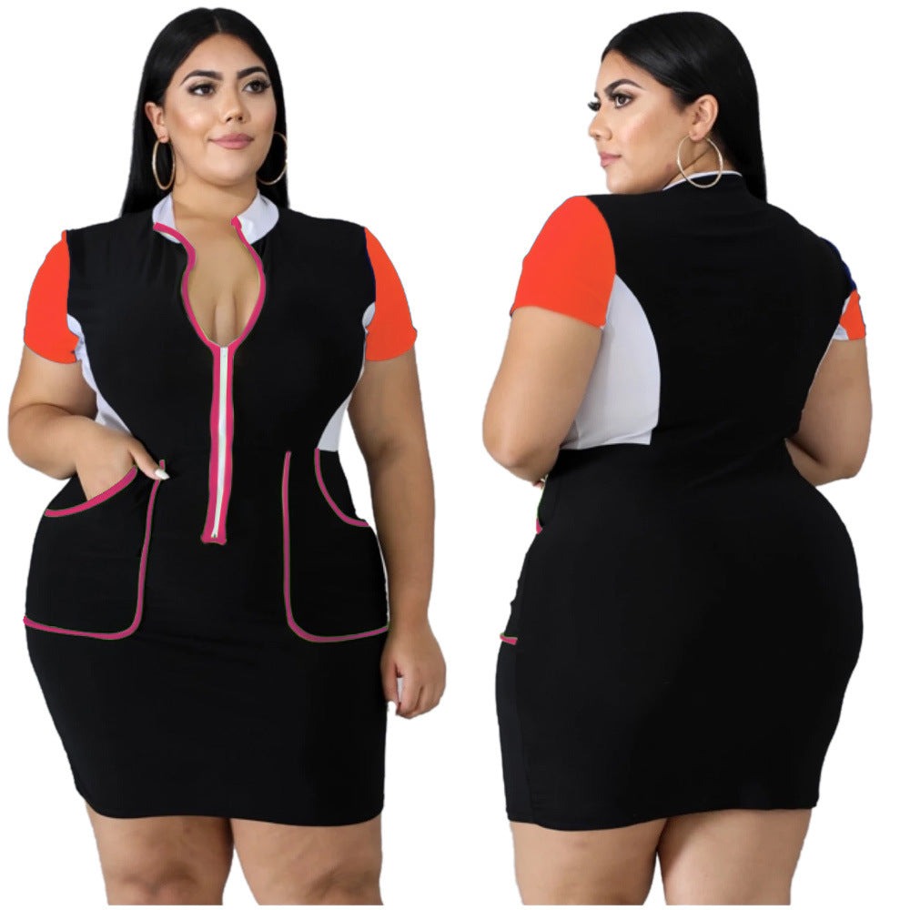European And American Plus Size Women's Color Matching Dress