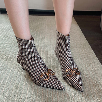 Side Zipper Small Heel Houndstooth Fashion Boots
