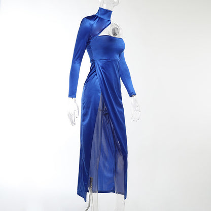 Padded One-Shoulder Sling Back Slit Long Dress