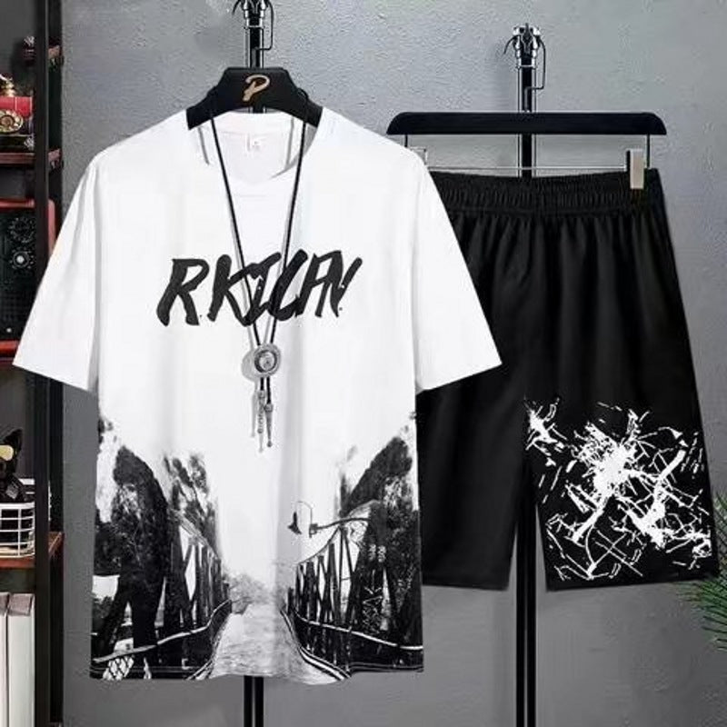 Men's New Printed Short-sleeved T-shirt Plus Size Shorts Sports Suit
