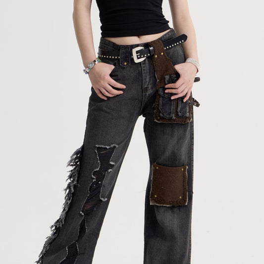 Women's American-style Retro Tassel Patch Stitching Jeans