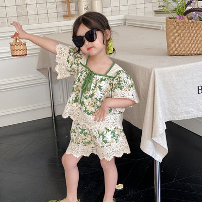 Girls' Summer Suits Sweet Lace Shirt Lace Shorts Two-piece Set