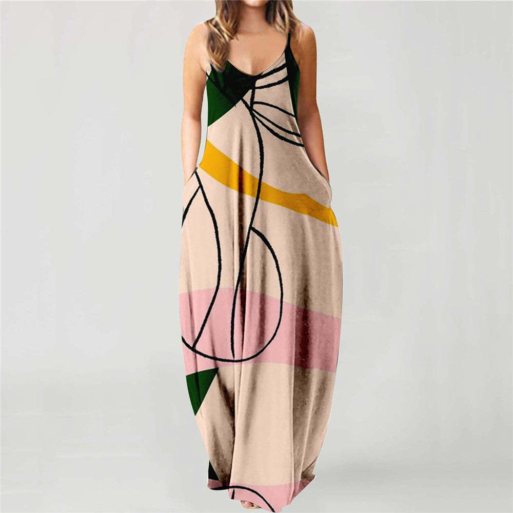 Summer Cool Strap Dress Abstract Face Style Digital Printing Elegant Street Dress
