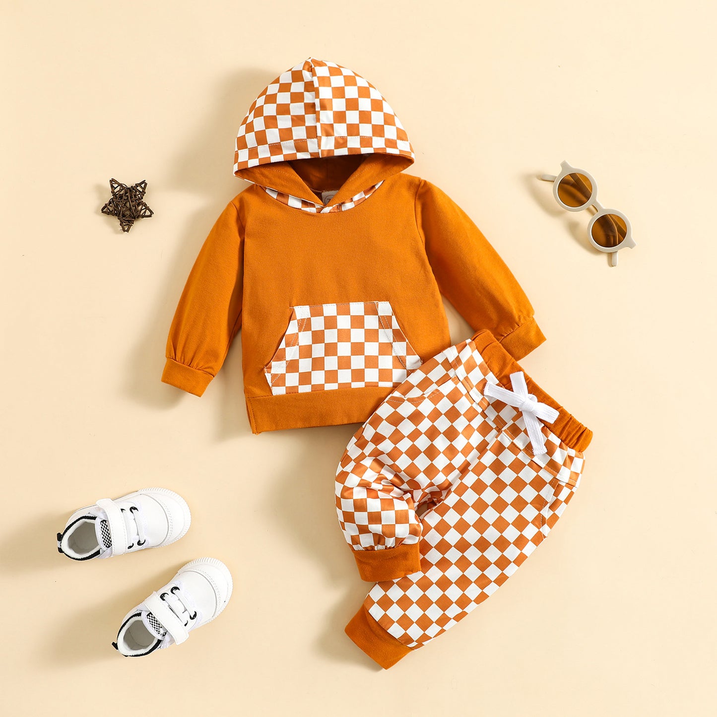 Children's Autumn And Winter Sports Leisure Hooded Plaid Suit