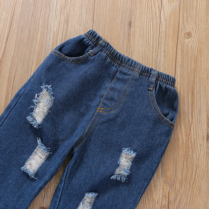 Girls Flared Sleeve Top Denim Trousers 2 Piece Set