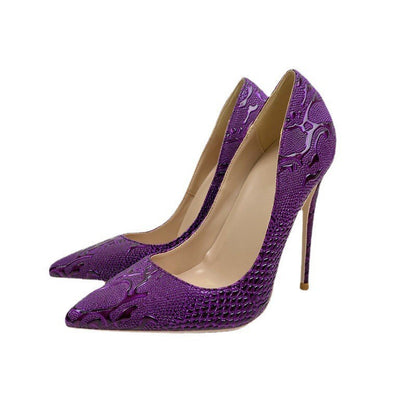 Beautiful purple embossed lace swirl design women's high heels