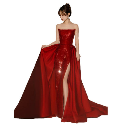 Banquet Light Luxury Annual Meeting Host Red Dress Bride Wedding Engagement Bra Toast Dress