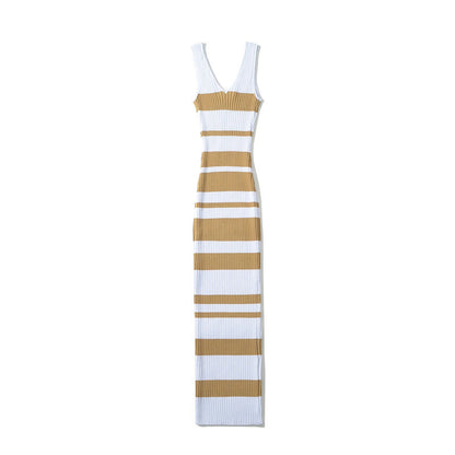 European And American Hot Girl Double V-neck Color Sleeveless Knitted Dress Intellectual Elegant Skinny Sheath