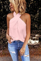 Back zipper halter solid color stitching top