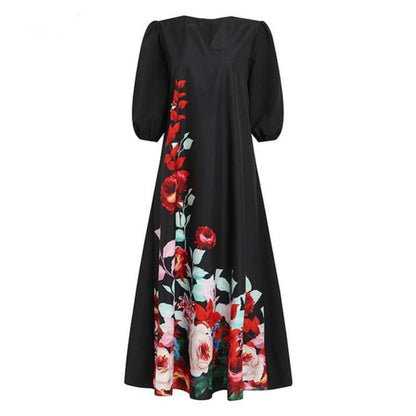 Plus Size Women's Long Skirt V-neck Positioning Flower Puff Sleeve Dress