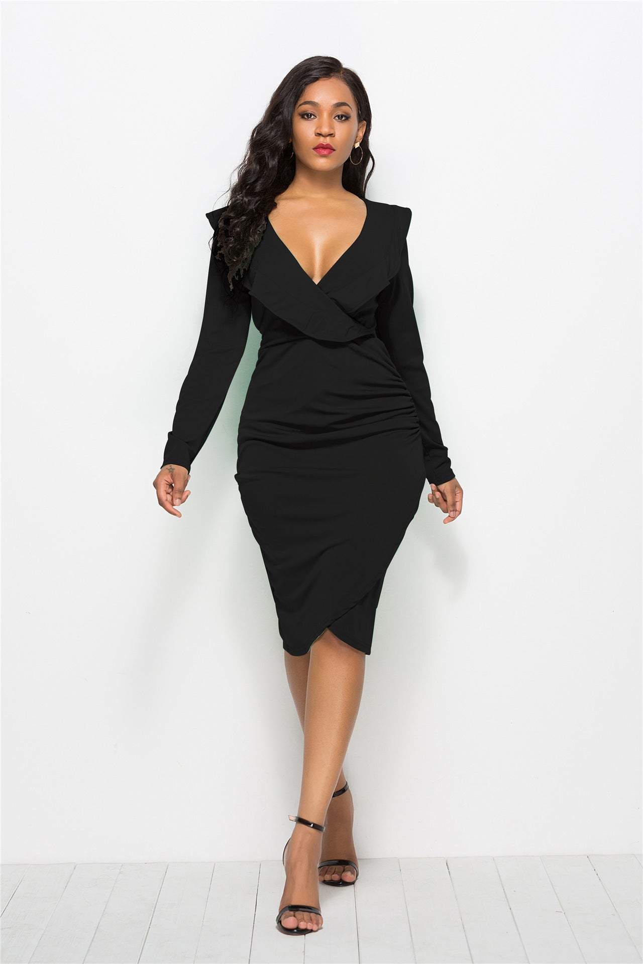Sexy V-neck Ruffled Long-sleeve Hip Dress Women Girl Fashion