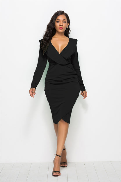 Sexy V-neck Ruffled Long-sleeve Hip Dress Women Girl Fashion