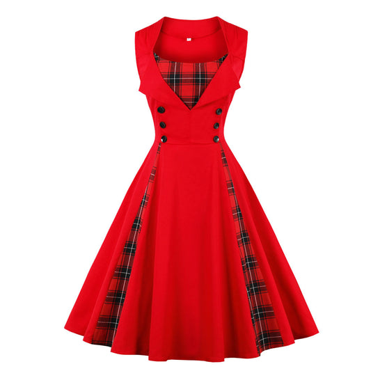 Plus Size Women's Sleeveless Simple Plaid Retro Dress