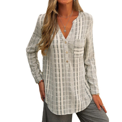 Plus size women's blue striped shirt casual top