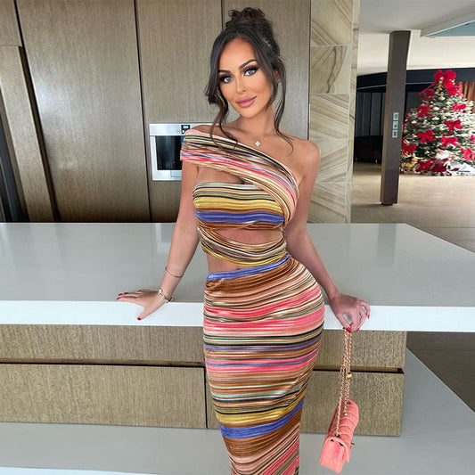 Women's Fashion Printed Hollow Open Back Split Dress