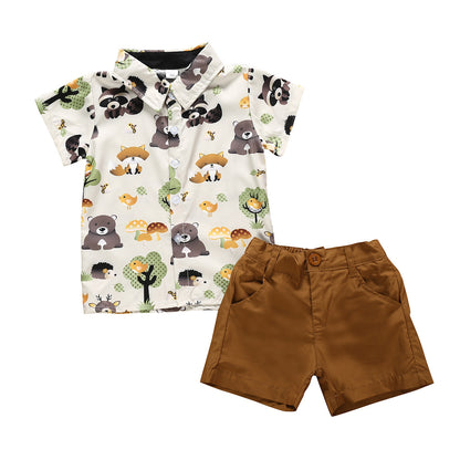 Summer Short-sleeved Cartoon Shirt And Shorts Two-piece Children's Suit