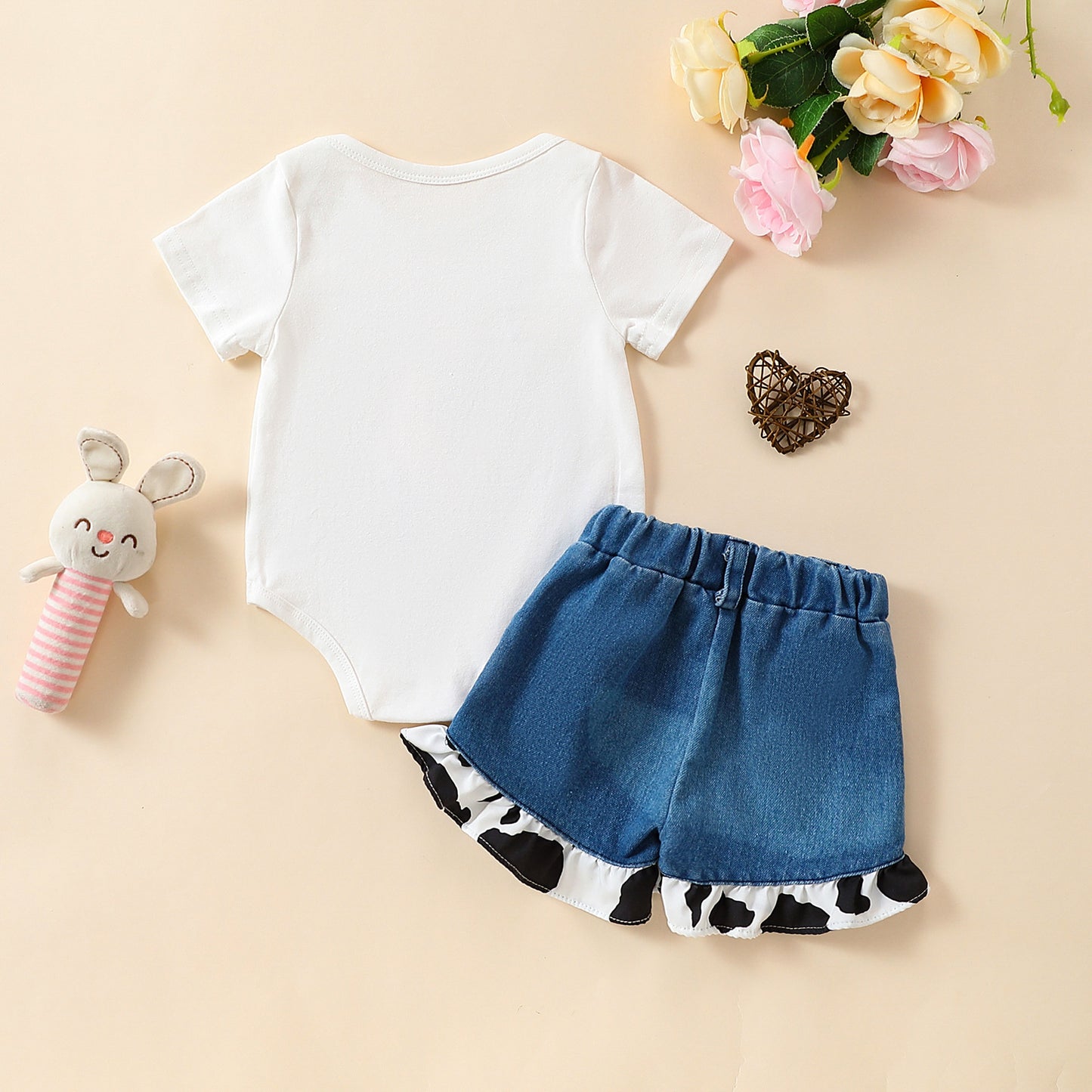 Girls' Summer Casual Suit Short Sleeved Kazakhstan Denim Shorts Two-piece Set