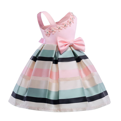 Pearl European And American Little Girl Princess Dress Temperament Striped Dress Children's Clothing