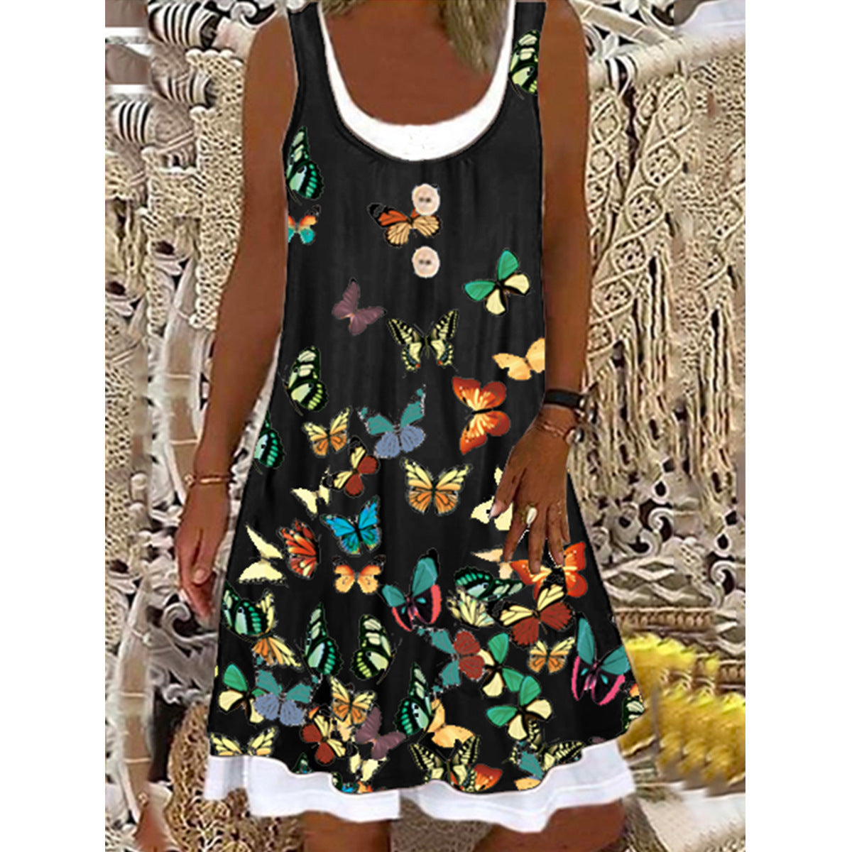 New Product Printed Butterfly Big Swing Mid-Skirt Sleeveless Tight-Fitting Button Dress