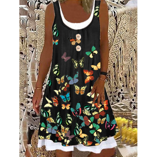 New Product Printed Butterfly Big Swing Mid-Skirt Sleeveless Tight-Fitting Button Dress