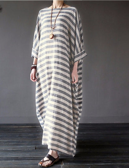Cotton And Linen Stripes Loose Plus Size Long Dress