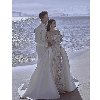 French-style Bride Lace Tube Top Satin Fishtail Trailing Wedding Dress