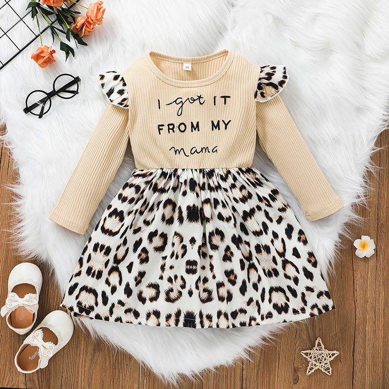 European And American Girls Letter Long Sleeve Dress Leopard Print